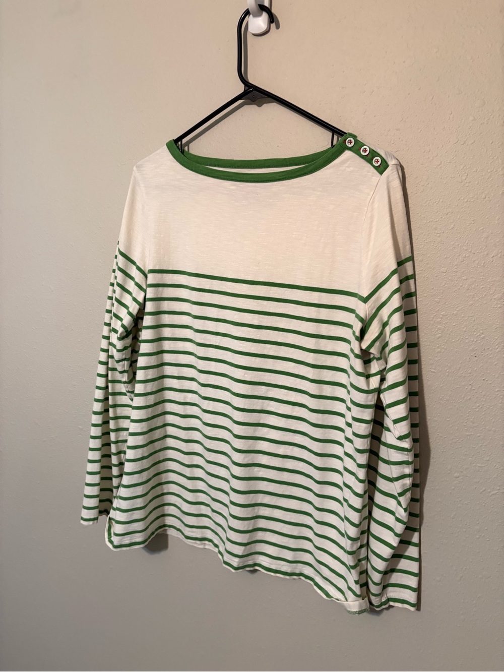 Boden Off White & Green Striped Long-Sleeve Henley Style Button-Shoulder Tee
